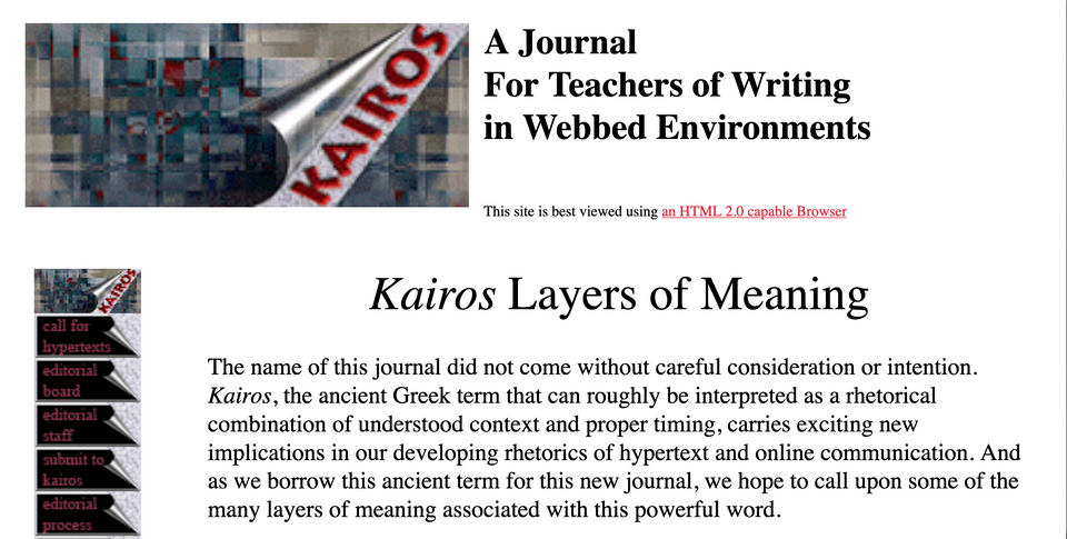 Screenshot that includes the Kairos journal logo, journal title, navigation bar along the left, and a paragraph of text.