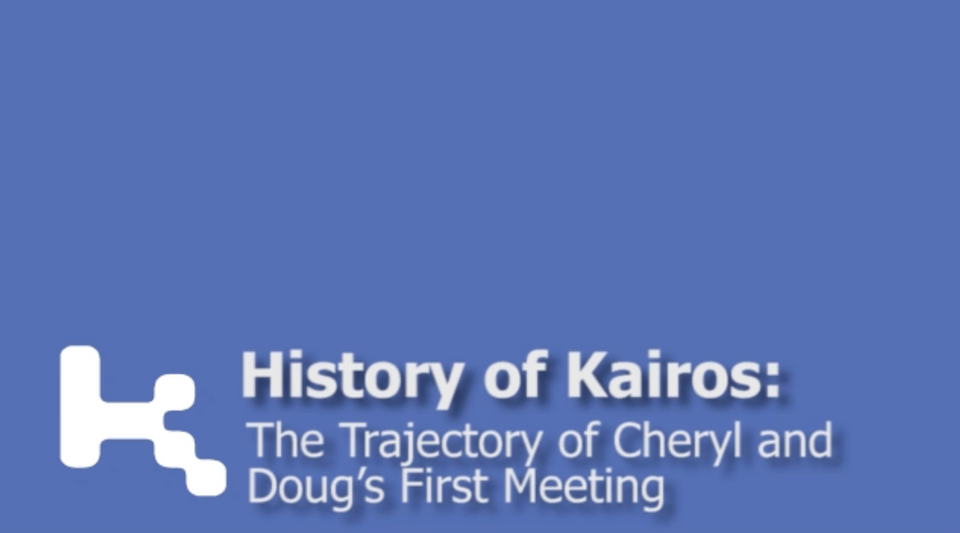 Blue background with white Kairos logo and the words History of Kairos: The Trajectory of Cheryl and Doug's First Meeting