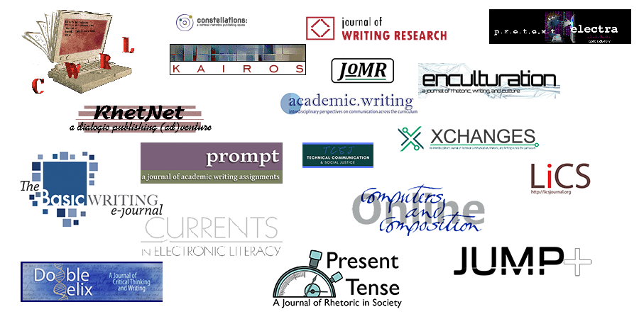 A montage of logos from born-digital journals in writing studies.