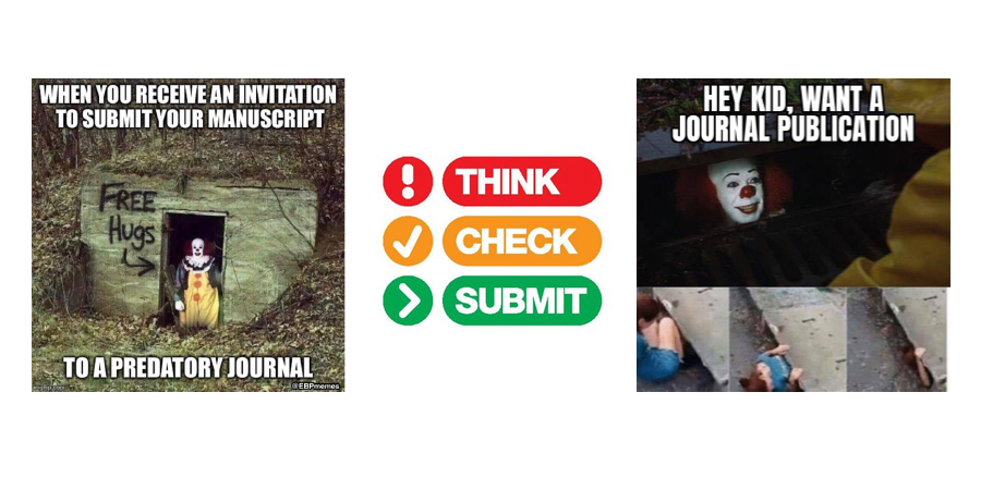 Collage of two scary memes about predatory journals and the icon for thinkchecksubmit.org