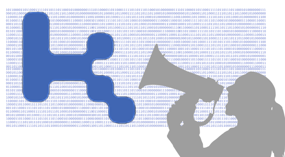 Blue Kairos logo superimposed over binary numbers and a sillouette of a person with a megaphone