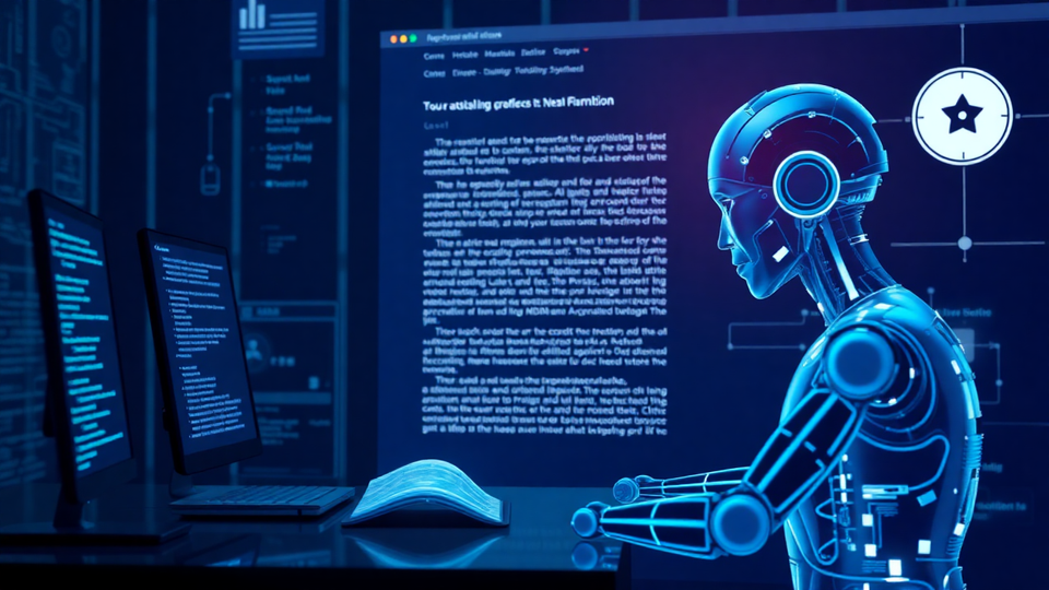 A robot without hands on the right half of the picture stares blankly at a desk; a projection of unreadable AI-generated 'ext appears on a screen in the background.